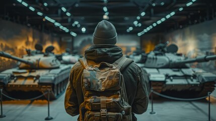 A soldier stands in front of a row of tanks.