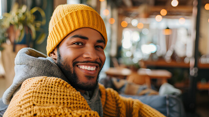 Portrait of a smiling young African American man wearing a yellow beanie and sweater sitting in a coffee shop