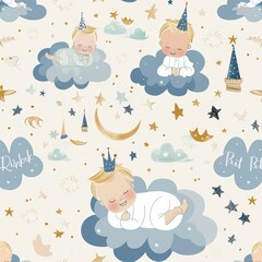 Seamless hand-drawn pattern of a baby prince resting on a cloud, the scene filled with gentle birthday motifs in pastel hues, designed for eco-friendly wrapping paper