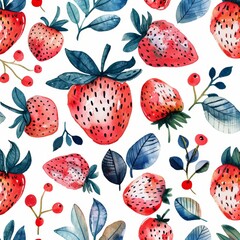 Hand-drawn watercolor seamless pattern of strawberries and abstract leaf motifs, perfect for an eco-friendly fabric design, isolated background