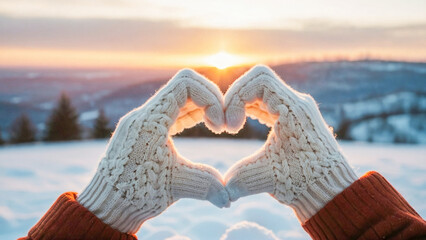 Woman hands in winter gloves Heart symbol shaped with sunrise light nature mountain on background 