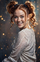 
Smiling young woman with curly red hair (freckles), braids, white blouse