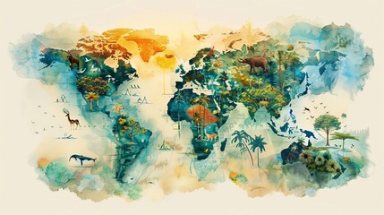 Hand-painted geographical world map with vibrant watercolor detailing of exotic wildlife and iconic trees from various biomes