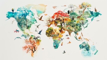 Hand-painted geographical world map with vibrant watercolor detailing of exotic wildlife and iconic trees from various biomes