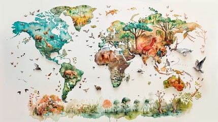 Hand-painted geographical world map with vibrant watercolor detailing of exotic wildlife and iconic trees from various biomes