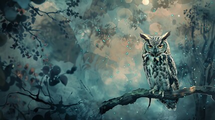 Mystical watercolor illustration of an owl perched on a gnarled branch at twilight, its wise gaze hand-drawn to reflect the stillness of the forest