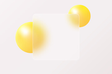 Glass morphism banner template. Clear glass square with blur effect and yellow spheres.
