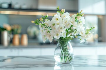 A marble kitchen countertop with spring flowers in a vase on the table