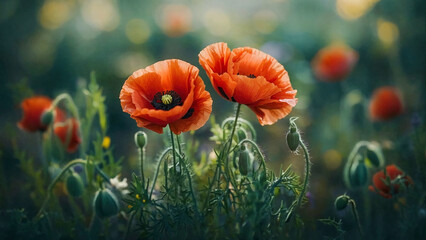 Poppy flowers on blurred nature mountain and hill background, banner for website 