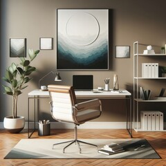 A desk with a chair and a plant in front of it image art has illustrative meaning used for printing.