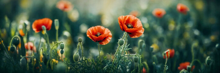 Poppy flowers on blurred nature mountain and hill background, banner for website 