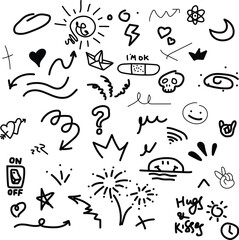 
Hand drawn set elements, abstract arrows, ribbons, hearts, stars, crowns and other elements in hand drawn style for concept design. Scribble illustration. Vector illustration.