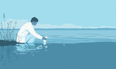 Naklejka premium scientist in a white coat crouches by the water