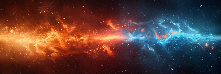 Fototapeta premium Red and blue rays of light colliding in space 