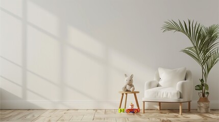 Obraz premium A minimalist room with a light wooden floor and white walls, an armchair, a small table, and toys on the floor. And there are trees in front,Generative AI illustration.