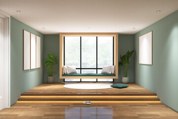 3d render of wooden hanging windows daybed with frame mock up in tatami room. Wood parquet floor,...