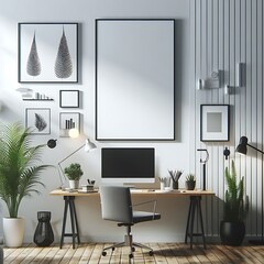 A desk with a computer and a plant on the wall image art art art photo.