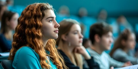 Obraz premium Students in classroom listen to lecturer and take notes attentively. Concept Classroom, Students, Listening, Lecture, Note-taking