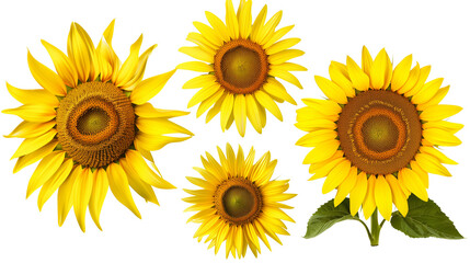 Set of top view blooming sunflowers, showing the intricate patterns of seeds and petals