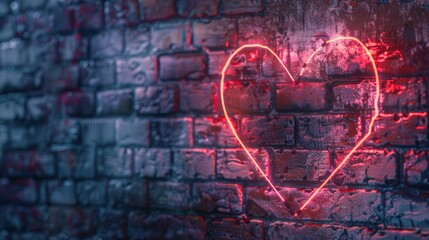 Zoom in on a neon heart pulsing on a distressed brick wall, close-up, ethereal, Composite, symbolizing love in the city