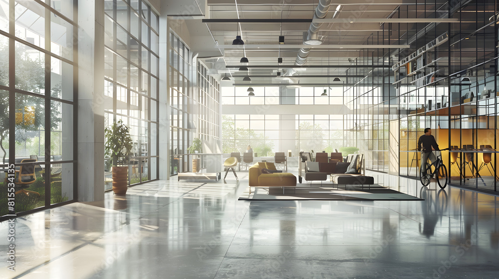 Fototapete Design project development with 3D visualization of sunny industrial open space office with sofa on concrete floor and lattice glass walls and man hand making sketch of workspaces and  : Generative AI