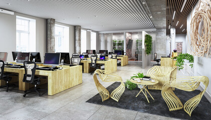 Open and transparent office architecture with meeting area in modern, wood design - 3D visualization