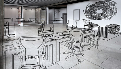 Project of an open and transparent office architecture with meeting area in modern, wood design (sketch) - 3D visualization