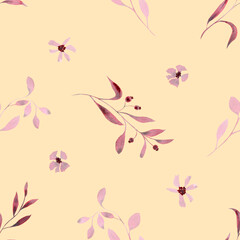 Monochrome burgundy twigs with leaves, berries and flowers. Seamless pattern on a yellow background. Hand drawn watercolor illustration. For design, fabrics, textiles, wallpaper, prints