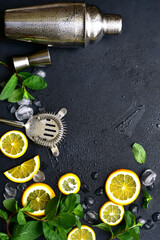 Ingredients for making citrus cocktail. Top view with copy space.