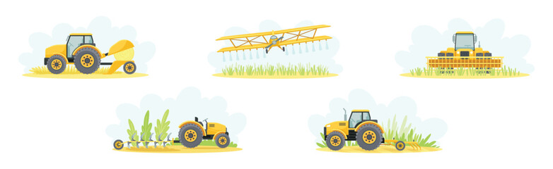 Agricultural and Farming Machinery and Equipment on Field Vector Set