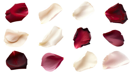 Set of rose petals in classic wedding colors, including white, blush, and deep red, highlighting their velvety texture