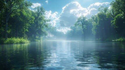 In a lush forest under a bright blue sky, a tranquil blue river flows peacefully through a lush quiet forest