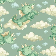 Seamless wallpaper pattern featuring peaceful sleeping baby dragons, clouds gently surrounding them, set against a fresh birthday green background