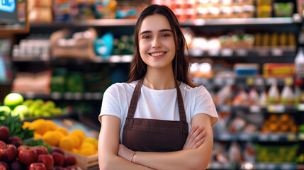 Young female cashier smiling confidently in a grocery store with fresh produce in the background.
