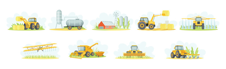 Agricultural and Farming Machinery and Equipment on Field Vector Set