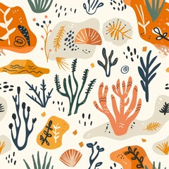 Seamless pattern featuring abstract hand-drawn motifs inspired by earth's landscapes and plant life, suitable for eco-friendly wrapping paper on an isolated background