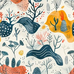 Naklejka premium Seamless pattern featuring abstract hand-drawn motifs inspired by earth's landscapes and plant life, suitable for eco-friendly wrapping paper on an isolated background