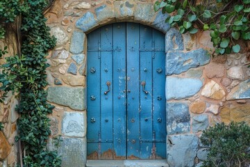 Blue Metals Door Embedded in Stone Wall with Arch