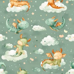 Naklejka premium Seamless pattern of tiny dragons in peaceful slumber among soft clouds, rendered on a birthday green background for charming baby fabric designs