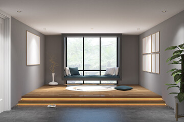 3d render of gray  hanging windows daybed with frame mock up in tatami room. Wood parquet floor,...