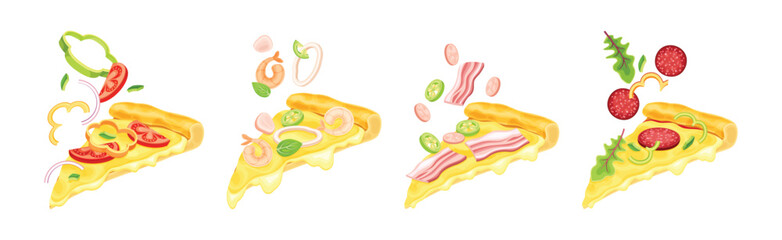 Tasty Pizza Slice Cut Float with Topping Vector Set