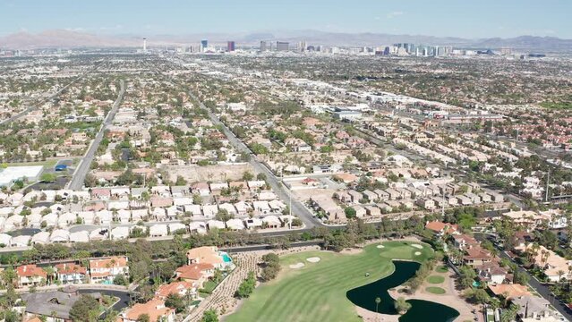 Aerial shot of Las Vegas Summerlin luxury mansions, golf course, homes 06