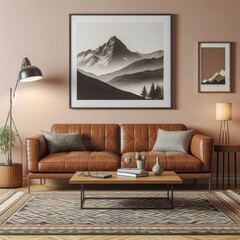 A living room with a template mockup poster empty white and with a couch and a coffee table image has illustrative meaning.