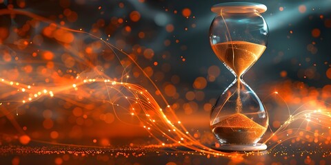 Measuring Time with Hourglass: Golden Sand Against Blurred Glowing Background. Concept Hourglass, Golden Sand, Measuring Time, Blurred Background, Glowing Palette