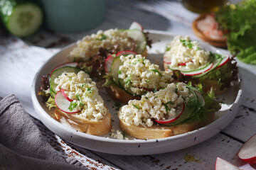 A plate with sandwiches with cottage cheese, radish and cucumber in rustic style