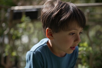 A thoughtful young boy, wearing a blue shirt, is shown in a natural outdoor setting. His expression...