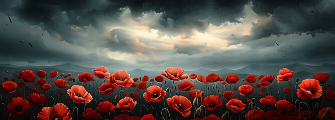Banner with red poppy flower field, symbol for remembrance, memorial, anzac day