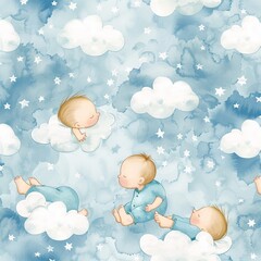 Seamless watercolor wallpaper pattern of baby boys and fluffy clouds, hand-drawn on a peaceful birthday blue background, ideal for nursery rooms