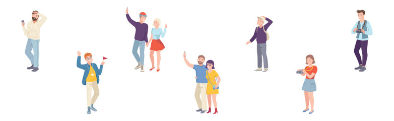 People Tourist Character on Excursion Go Sightseeing and Take Photos Vector Set