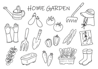 家庭菜園のイラストセット（手描き）モノクロ